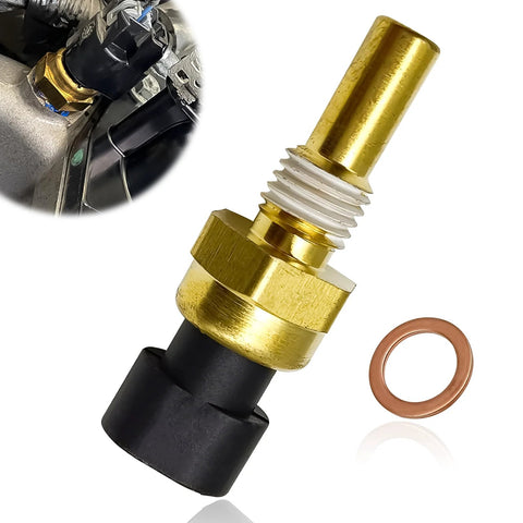 Engine coolant temperature sensor with brass body, white threaded seal, black base, and copper washer.