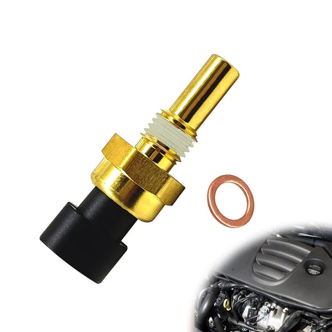 Engine coolant temperature sensor, brass body with black connector and copper sealing washer (front view)