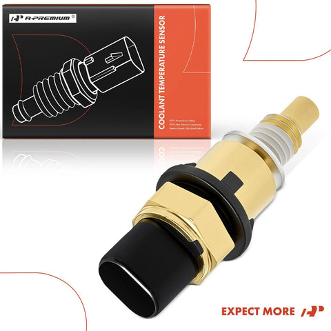 A-Premium engine coolant temperature sensor with brass body and black connector, displayed beside its orange and black box.