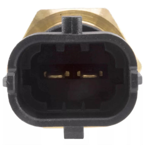 Engine coolant temperature sensor with brass body and black 3-pin connector, front view.