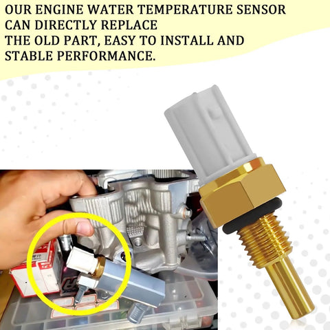 SamWinGear coolant temperature sensor with brass threaded stem and white plastic connector, Honda engine part installation view