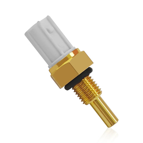 Coolant temperature sensor with brass threaded probe and gray plastic connector; O-ring seal.