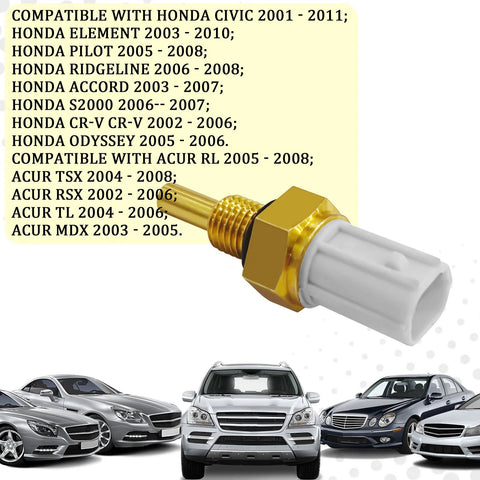 Coolant temperature sensor for Honda; gold brass body, threaded metal housing and white plastic connector