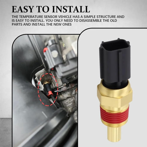 Rebvugr engine coolant temperature sensor; installed in engine bay; brass-threaded sensor closeup showing connector.