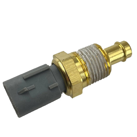 Engine coolant temperature sensor replacement with brass threaded body and gray plastic connector.