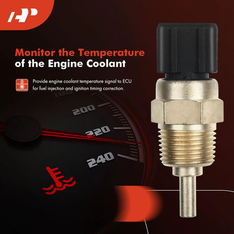 Close-up of A-Premium engine coolant temperature sensor with brass threaded body and black plastic connector