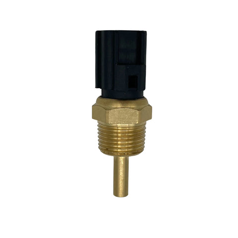 Engine coolant temperature sensor with brass threaded body, hex nut, and black plastic connector.