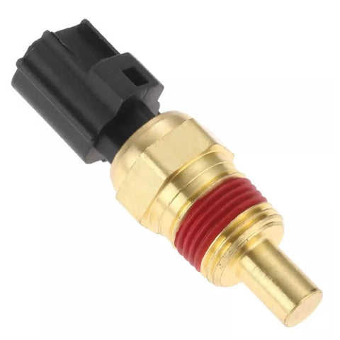 Engine coolant temperature sensor, angled view, brass body with red seal and black connector.