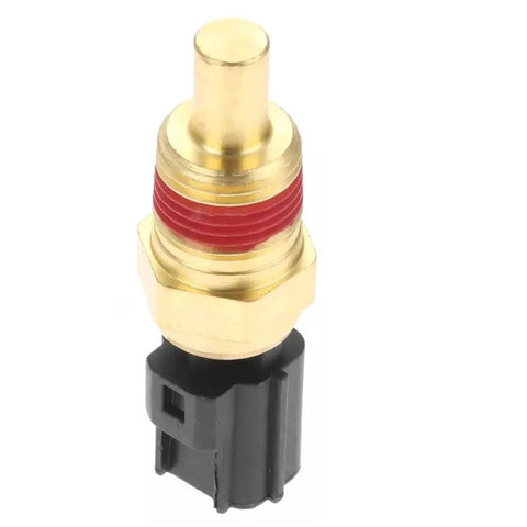 Engine coolant temperature sensor, front view, brass body with red thread seal and black plastic connector.