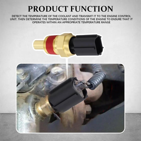 Rebvugr engine coolant temperature sensor with brass body and black connector; front cutaway and installed view