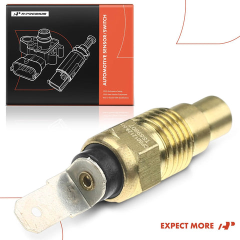 Engine coolant temperature sensor by A-Premium; brass body with threaded end, shown with packaging box