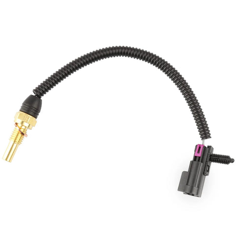 Coolant temperature sensor with brass threaded probe and black corrugated wiring harness to a plastic connector.