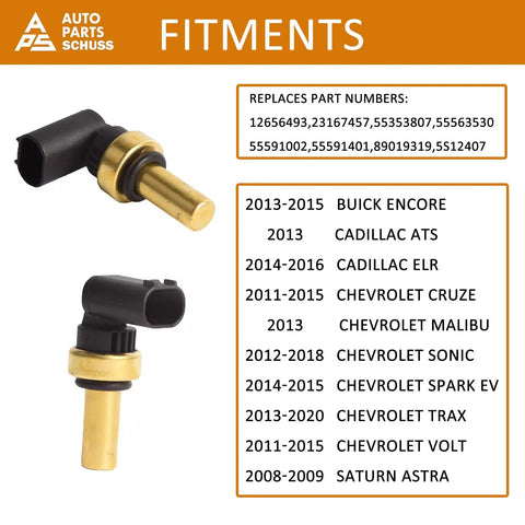 Engine coolant temperature sensor, brass body with black electrical connector; two views shown.