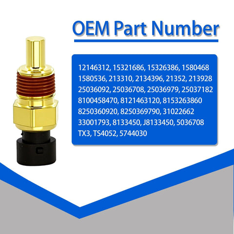 Engine coolant temperature sensor compatible with Chevy and GMC vehicles; brass body with black plastic base.