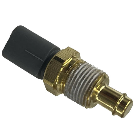 Engine coolant temperature sensor with brass threaded body and black plastic connector.