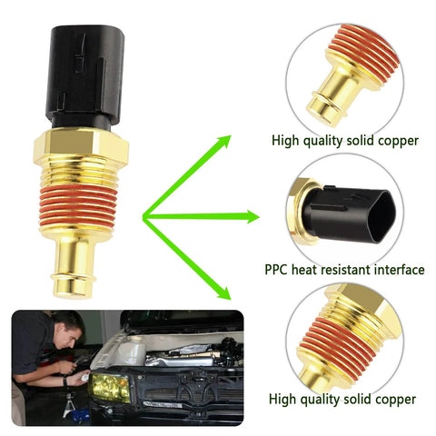 Engine coolant temperature sensor with brass threaded body and black connector, OEM 5149077AB