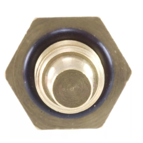 Engine coolant temperature sensor, hex brass body with black O-ring seal (front view).