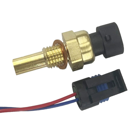 Two-piece engine coolant temperature sensor with pigtail; brass threaded sensor and black plug with red/blue wires.