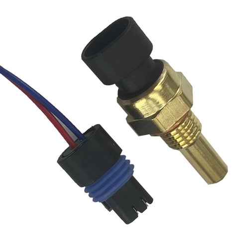 Engine coolant temperature sensor with pigtail, brass body, black tip, blue connector housing (2-piece)