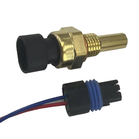 Two-piece engine coolant temperature sensor with pigtail; brass threaded sensor and black connector with blue gasket and red/blue wires