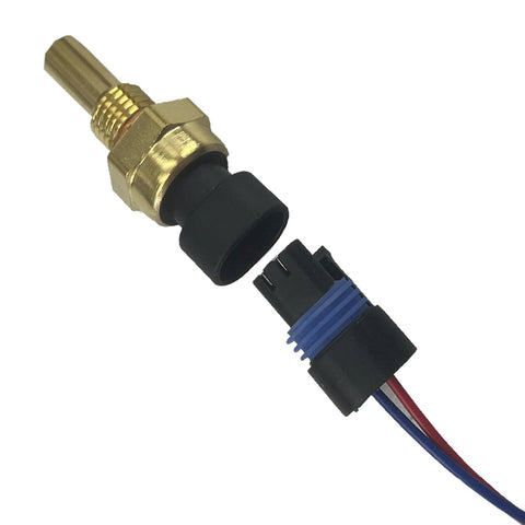 Engine coolant temperature sensor with pigtail, WEITARI; brass sensor, black connector, blue seal, red and blue wires.