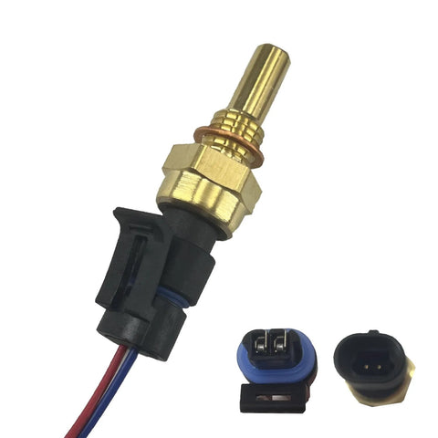 WEITARI engine coolant temperature sensor with pigtail; brass stem, hex nut, blue O-ring, black connector housing.