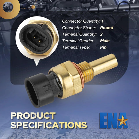 ENA engine coolant temperature sensor with brass body and black 2-pin round connector, for GM Chevrolet GMC Buick models.