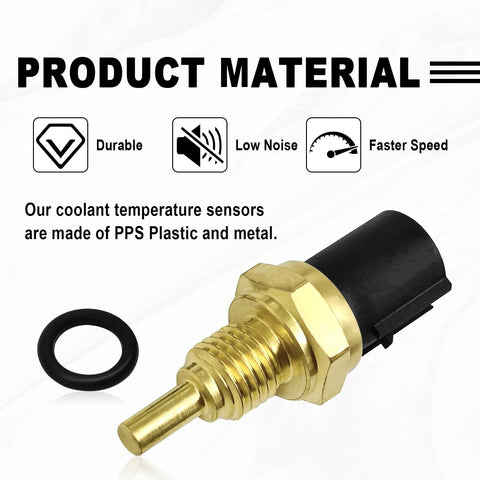 Engine coolant temperature sensor with brass threaded probe and black plastic connector; includes O-ring