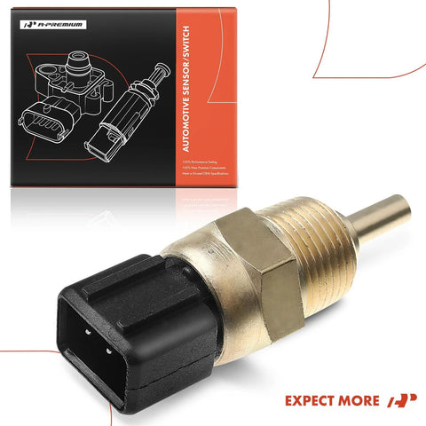 Engine coolant temperature sensor, brass threaded body with black plastic connector, A-Premium.