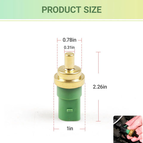 YYTQP engine coolant temperature sensor with green plastic body and gold top, VW-compatible automotive part