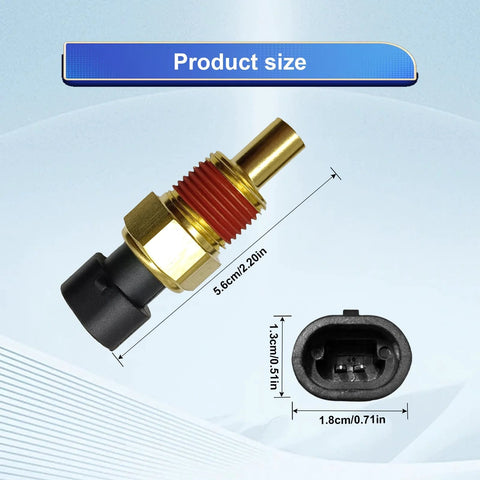 Engine coolant temperature sensor with brass threaded body, red O-ring, and black plastic connector; about 2.2 in long