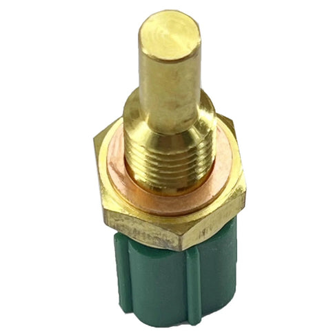 Engine coolant temperature sensor with brass body, threaded mount, and green plastic connector for Toyota models.