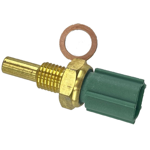 Engine coolant temperature sensor with brass threaded body, green plastic connector, and copper washer