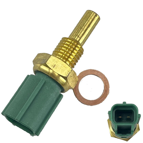 Engine coolant temperature sensor with brass threaded stud, green connector, and copper sealing washer.