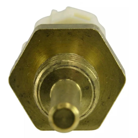 Engine coolant temperature sensor with brass hex body and white plastic connector, front view