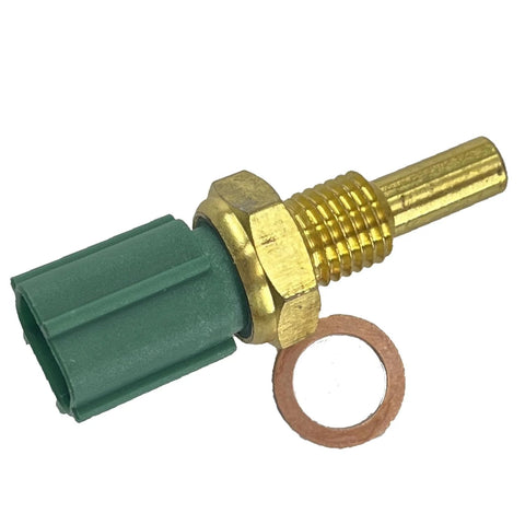 Engine coolant temperature sensor (ECT) with green housing, brass threaded stem, copper washer