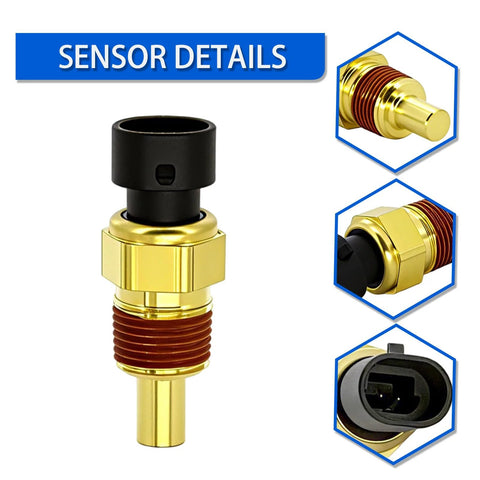 Engine coolant temperature sensor with gold brass body, black plastic cap, and threaded mount