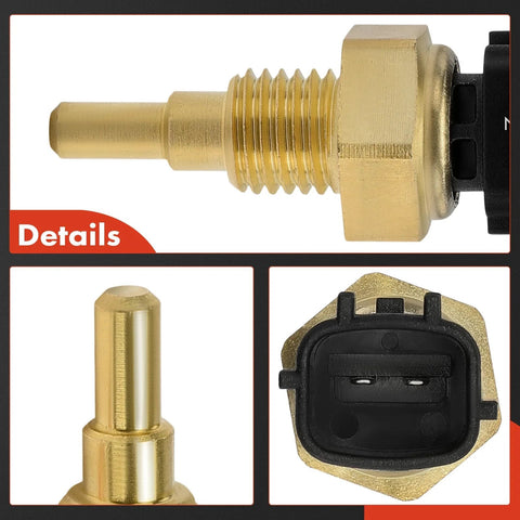 A-Premium engine coolant temperature sensor, brass 2-pin with threaded body; front, side, and close-up views.