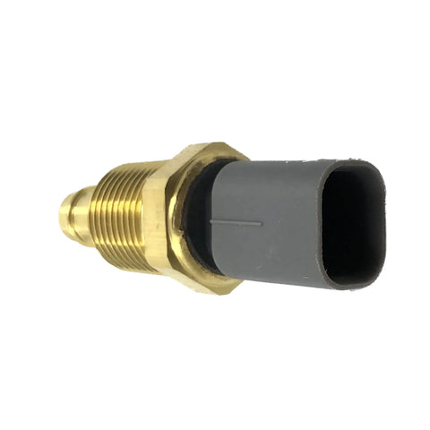 Engine coolant temperature sensor switch with brass threaded body and gray plastic connector.