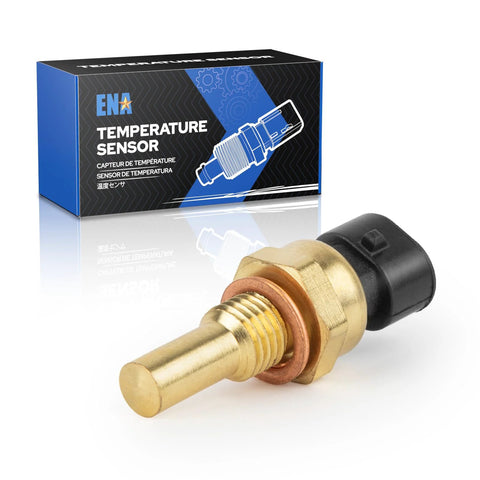Engine coolant temperature sensor, ENA brand, brass body with copper washer and black plastic connector in blue box.