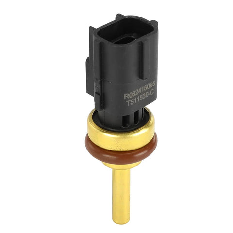Engine coolant temperature sensor for Volvo models; black plastic connector, brass gold-tone probe with brown O-ring.