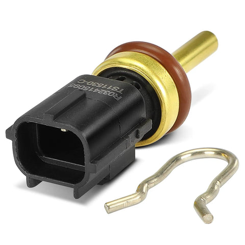 A-Premium engine coolant temperature sensor with black plastic connector, brass stem, brown seal, and mounting clip