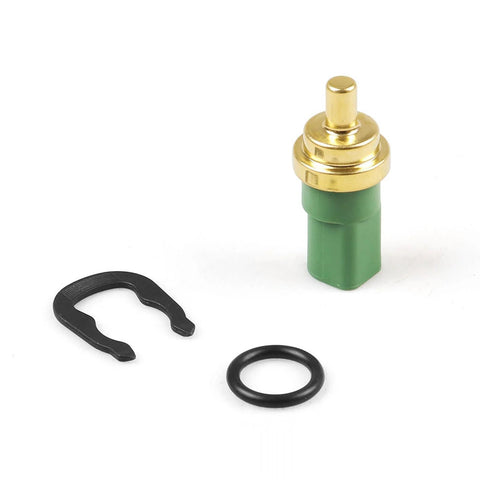 YYTQP engine coolant temperature sensor with gold top and green body; includes black O-ring and mounting clip