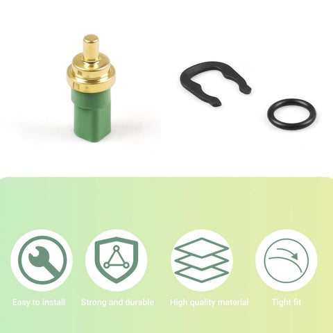 Engine coolant temperature sensor with brass top and green body; includes O-ring and retaining clip
