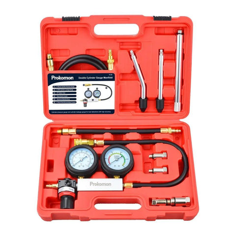 Prokomon engine cylinder leak-down tester kit in red case with dual gauges, hoses and extension rods.
