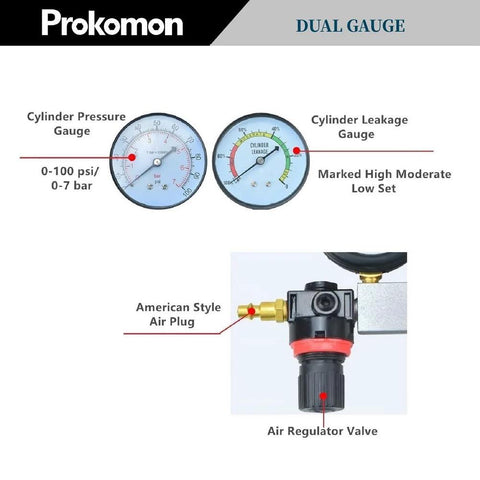 Prokomon dual-gauge engine leak-down tester with American-style air plug and regulator valve