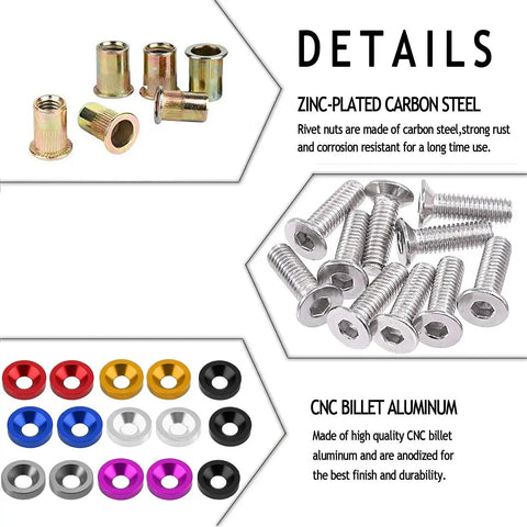 Engine Dress Up Kit With CNC Billet Aluminum Washers Bolts Rivet Nuts Red, showing washers, bolts, rivet nuts in assorted colors