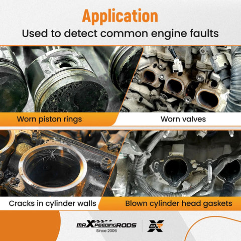 MaXpeedingrods cylinder leak-down tester kit infographic worn rings, worn valves, cracked cylinders, blown head gaskets