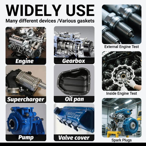Collage of various automotive parts including engine, gearbox, supercharger, pump, valve cover, and oil pan for gasket use.