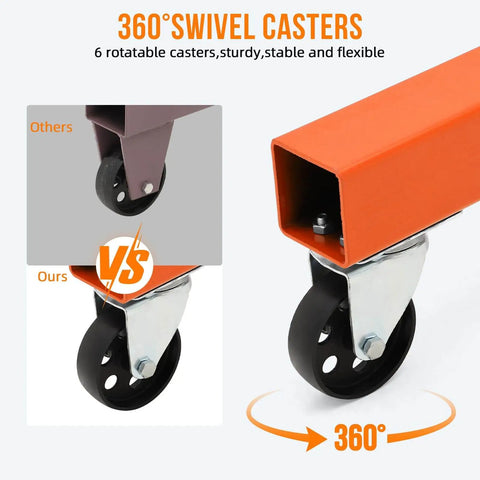 Heavy Duty Beefy 4000 Lb Engine Hoist With Lever And Tilting Boom Folding Cherry Picker Hydraulic Engine Lift Shop Crane On 6 Iron Caster Wheels Telescopic Boom 2 Ton Orange GarveeTech 360 degree swivel casters close-up